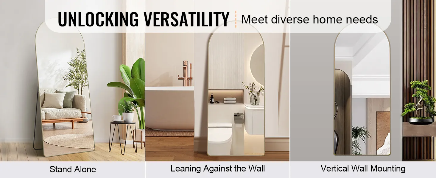 VEVOR full length mirror demonstrating standalone, leaning, and vertical wall mounting options.