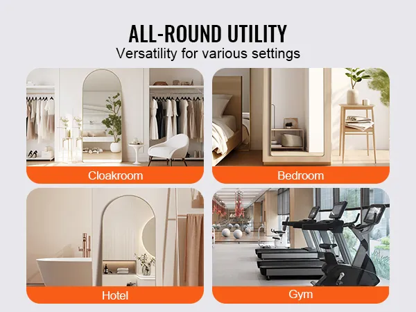VEVOR full length mirror in various settings: cloakroom, bedroom, hotel, gym, showcasing versatility.