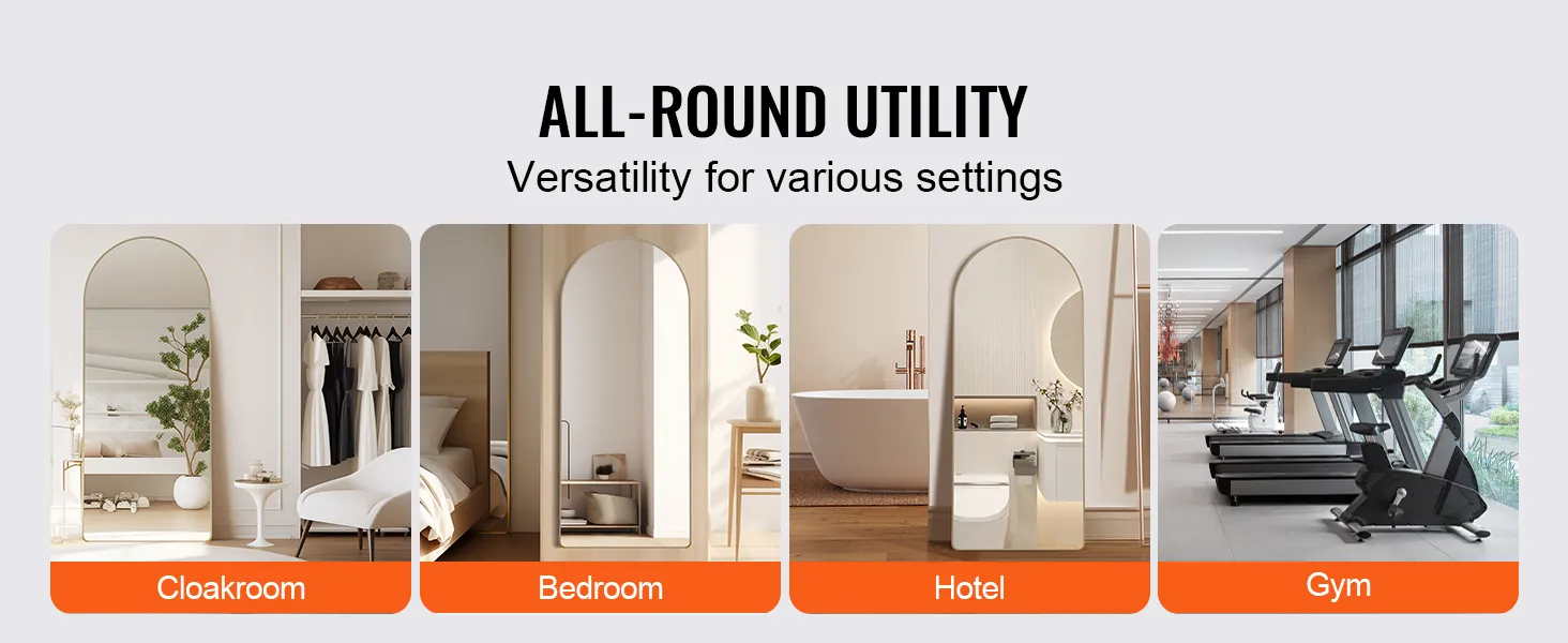 VEVOR full length mirror in various settings: cloakroom, bedroom, hotel, gym, showcasing versatility.