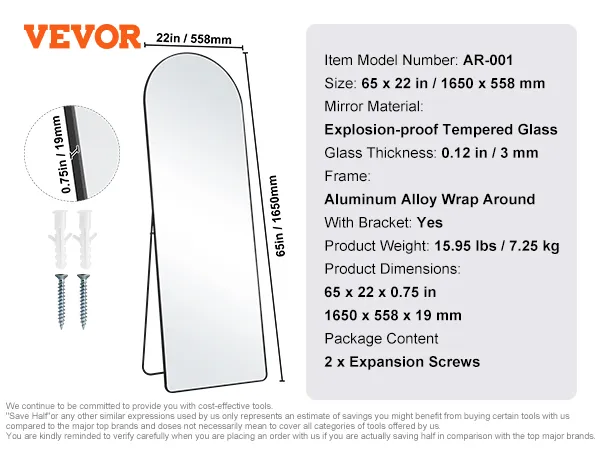 VEVOR full length mirror 65x22in with aluminum frame, explosion-proof tempered glass, and bracket.
