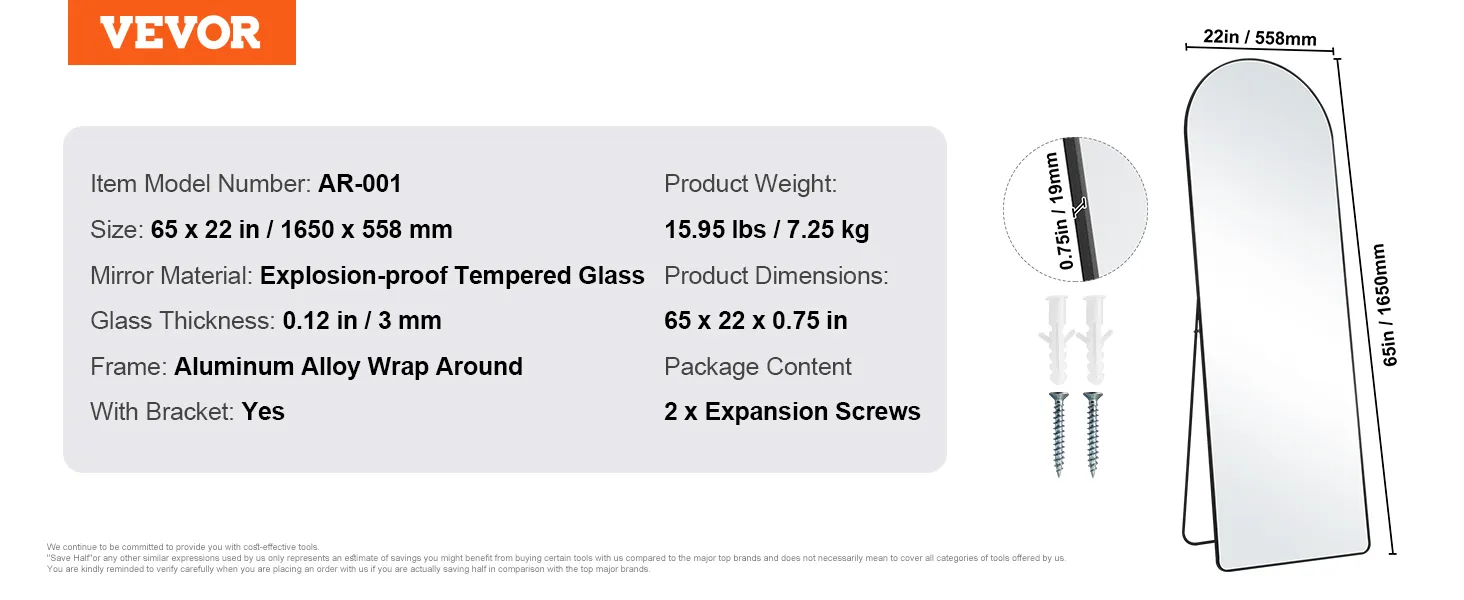 VEVOR full length mirror 65x22in with aluminum frame, explosion-proof tempered glass, and bracket.