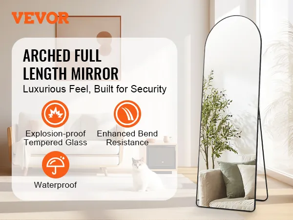 VEVOR full length mirror: explosion-proof tempered glass, enhanced bend resistance, waterproof.