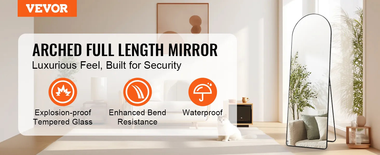 VEVOR full length mirror: explosion-proof tempered glass, enhanced bend resistance, waterproof.