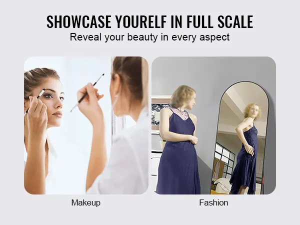 VEVOR full length mirror for makeup and fashion, showcasing a stylish reflection in multiple settings.