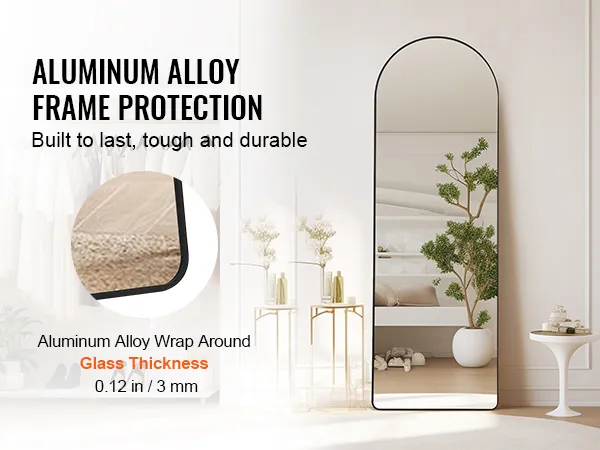 VEVOR full length mirror with aluminum alloy frame, 0.12 in glass thickness, in modern bedroom decor.