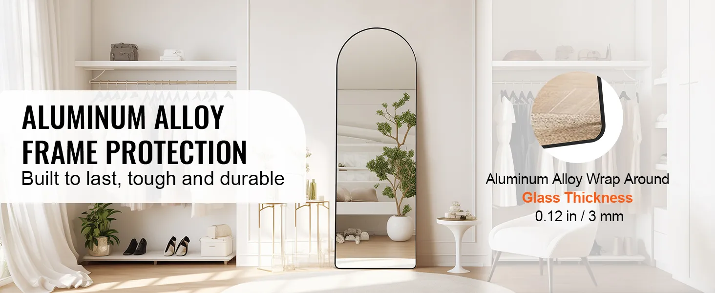 VEVOR full length mirror with aluminum alloy frame, 0.12 in glass thickness, in modern bedroom decor.