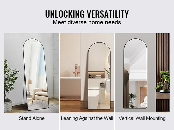 VEVOR full length mirror in stand alone, leaning against the wall, and vertical wall mounting positions.
