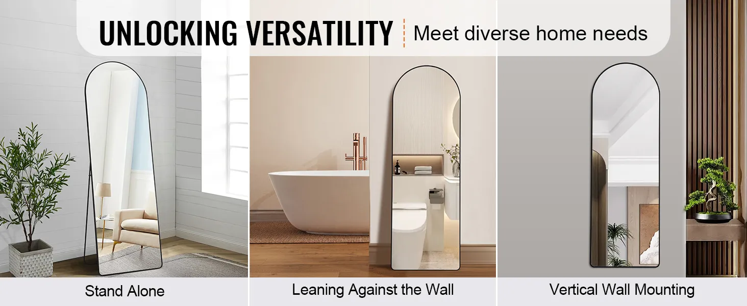 VEVOR full length mirror in stand alone, leaning against the wall, and vertical wall mounting positions.