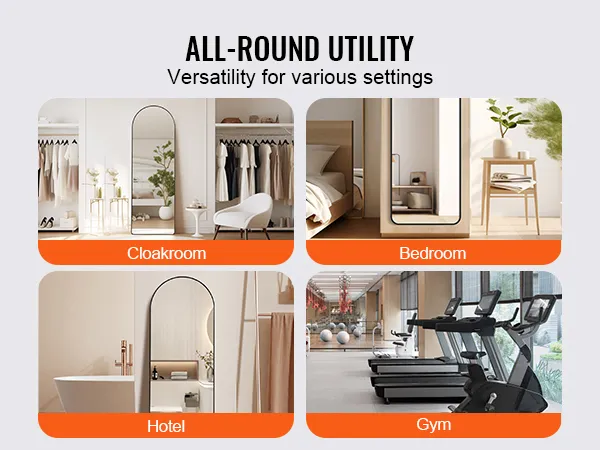 VEVOR full length mirror in cloakroom, bedroom, hotel bathroom, and gym settings for versatile use.
