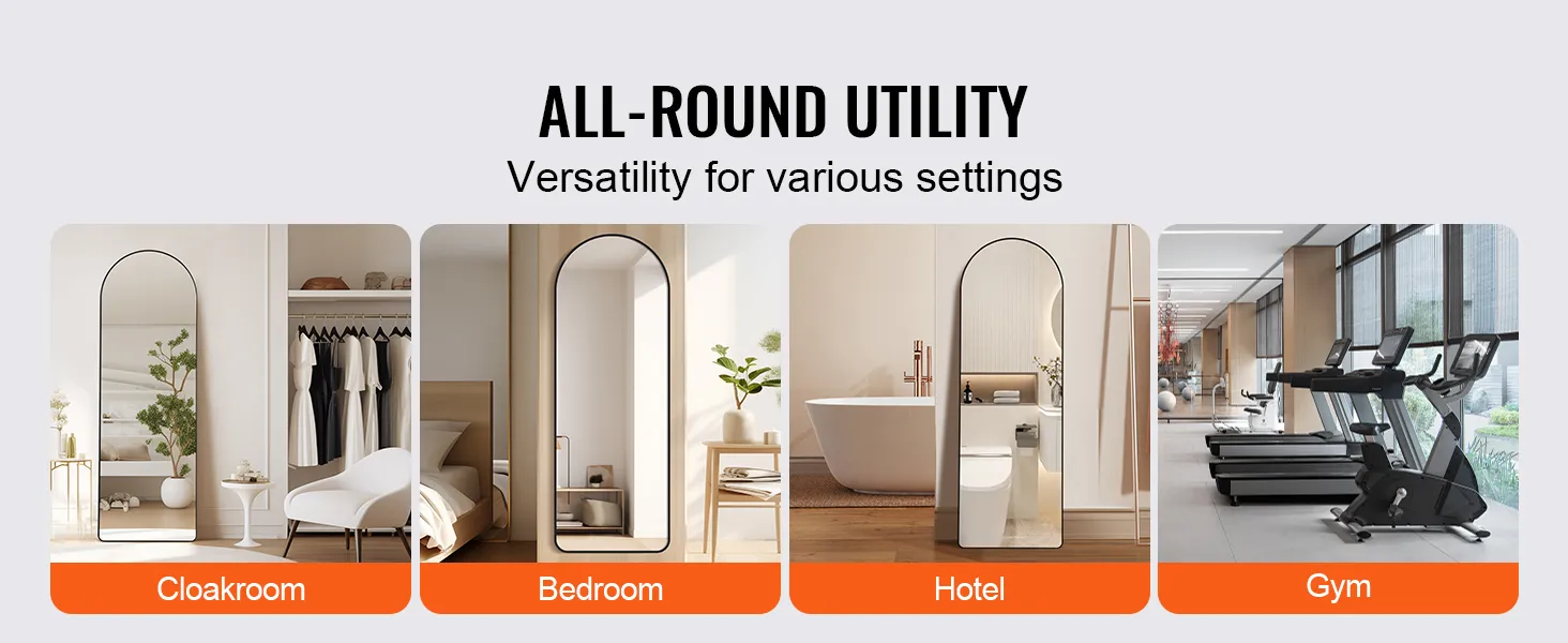 VEVOR full length mirror in cloakroom, bedroom, hotel bathroom, and gym settings for versatile use.