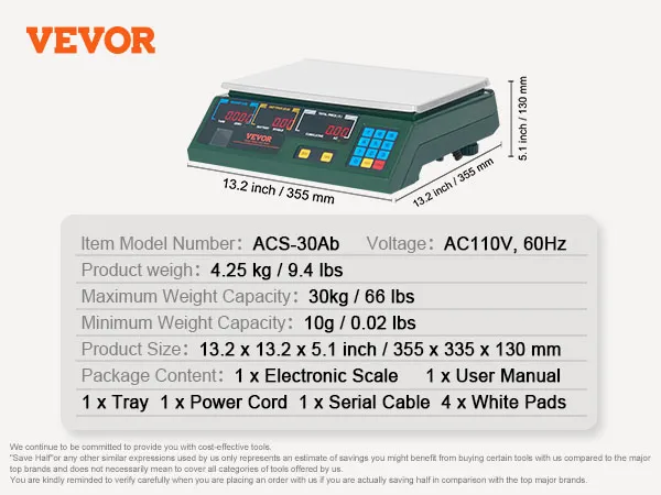 Báscula de cálculo de precios VEVOR modelo acs-30ab con capacidad de 30 kg y dimensiones de 13,2 x 13,2 x 5,1 pulgadas.