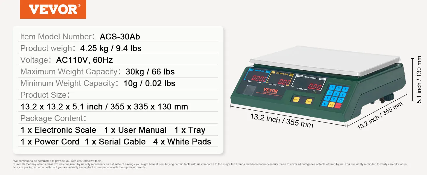 Báscula de cálculo de precios VEVOR modelo acs-30ab con capacidad de 30 kg y dimensiones de 13,2 x 13,2 x 5,1 pulgadas.