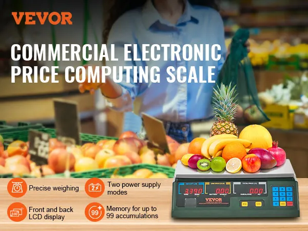 Báscula de cálculo de precios VEVOR para pesaje preciso con pantalla LCD frontal y posterior y modos de energía duales.