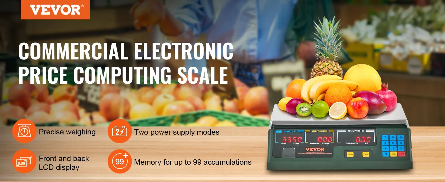 Báscula de cálculo de precios VEVOR para pesaje preciso con pantalla LCD frontal y posterior y modos de energía duales.