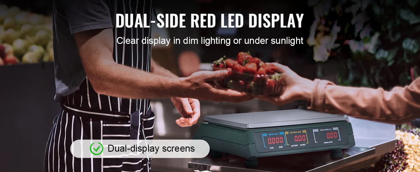 Báscula de cálculo de precios VEVOR con pantalla LED roja de doble cara que pesa fresas en un mercado.