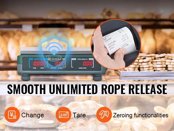 Báscula de cálculo de precios VEVOR en el mostrador de una panadería, que muestra funciones de tara y cero con galletas envueltas.