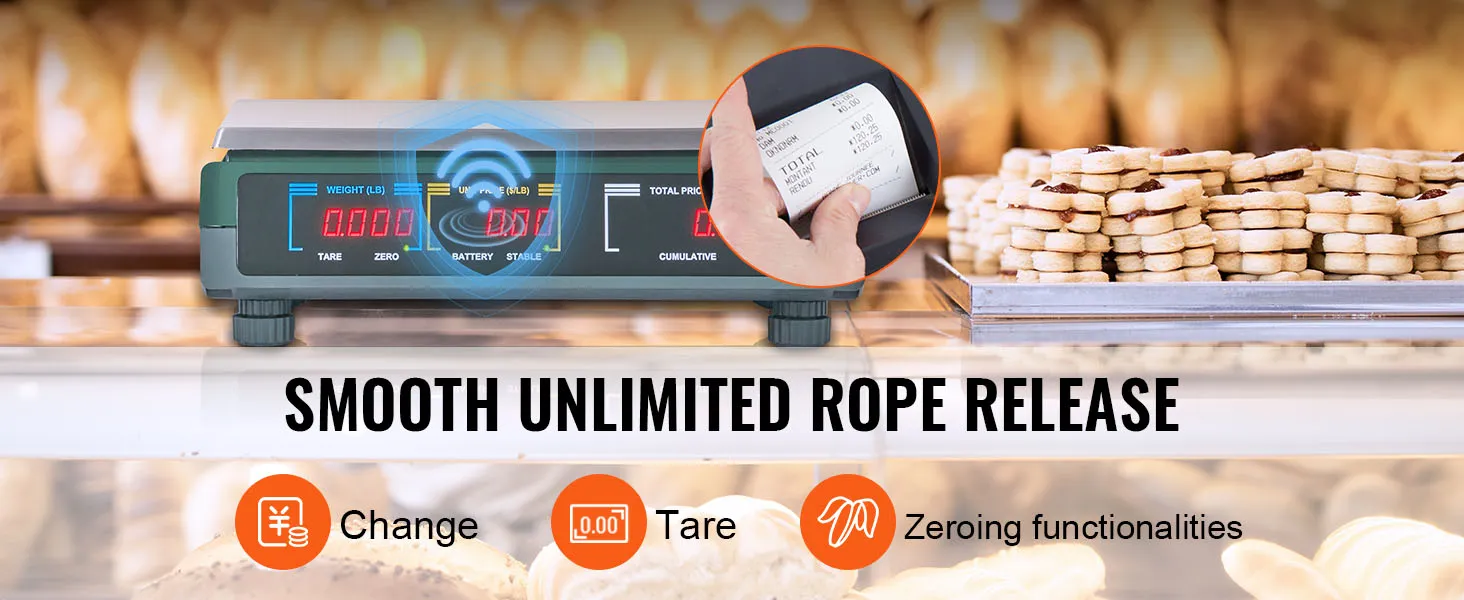 Báscula de cálculo de precios VEVOR en el mostrador de una panadería, que muestra funciones de tara y cero con galletas envueltas.