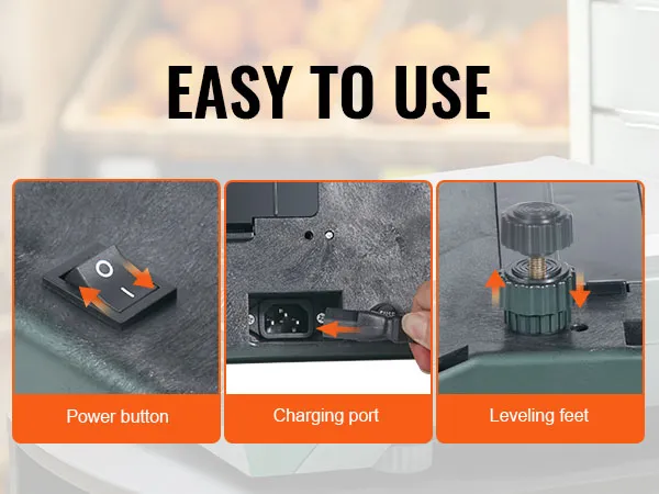 La báscula de cálculo de precios VEVOR cuenta con botón de encendido, puerto de carga y patas niveladoras ajustables.