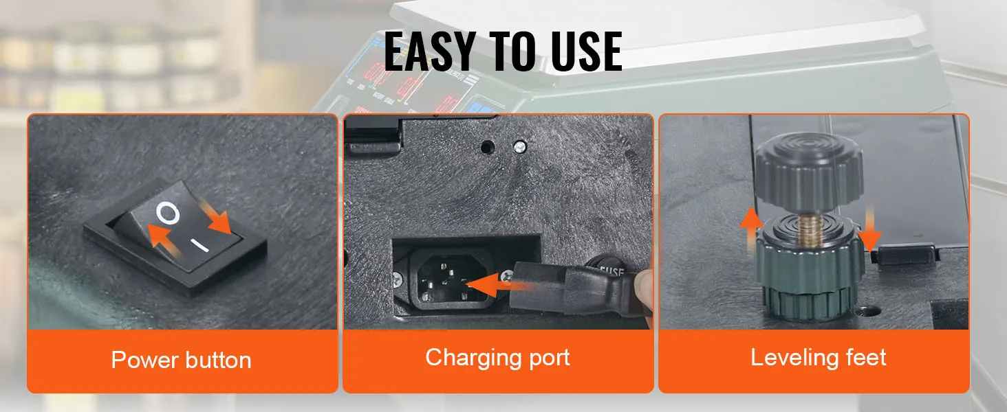 La báscula de cálculo de precios VEVOR cuenta con botón de encendido, puerto de carga y patas niveladoras ajustables.