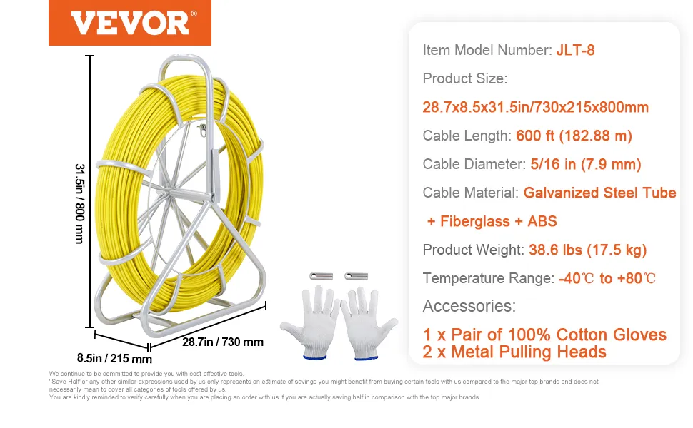 VEVOR Fish Tape Fiberglass, 600 ft, 5/16 in, Duct Rodder Fishtape Wire Puller, Cable Running Rod with Steel Reel Stand, 3 Pulling Heads, Fishing Tools ... VEVOR Fish Tape Fiberglass, 600 ft, 5/16 in, Duct Rodder Fishtape Wire Puller, Cable Running Rod with Steel Reel Stand, 3 Pulling Heads, Fishing Tools ...