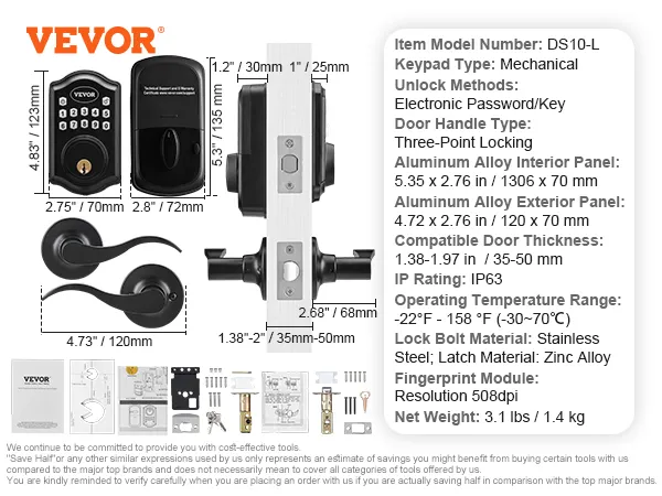 VEVOR keyless entry door lock with mechanical keypad, electronic password/key, and detailed specs.