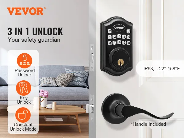 VEVOR keyless entry door lock with handle, password, key unlock options, and ip63 rating for security.