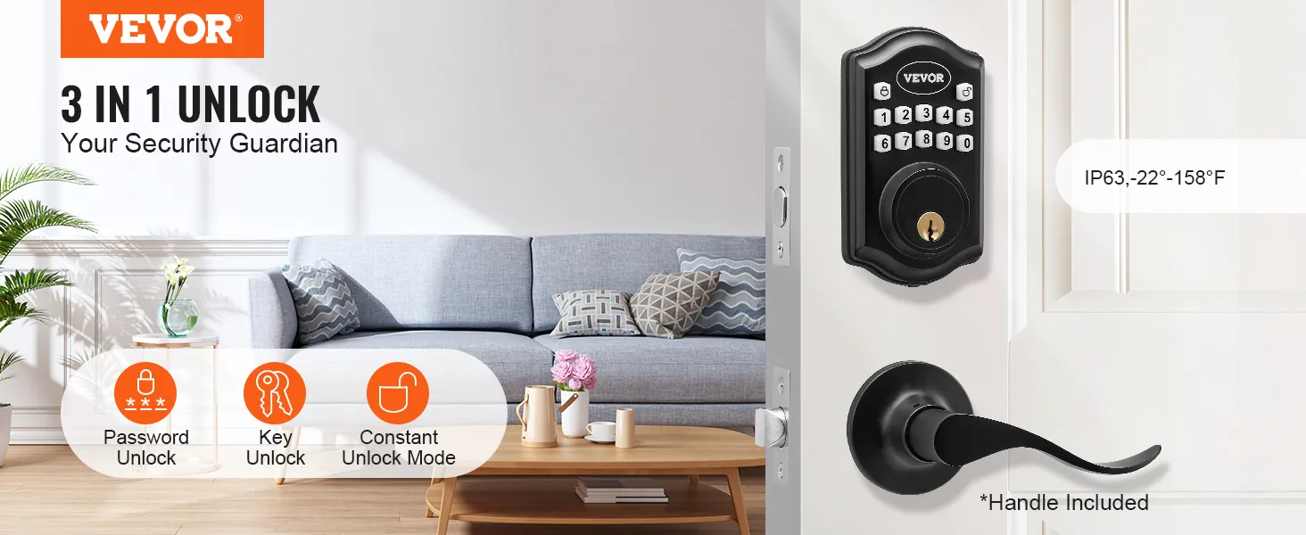 VEVOR keyless entry door lock with handle, password, key unlock options, and ip63 rating for security.