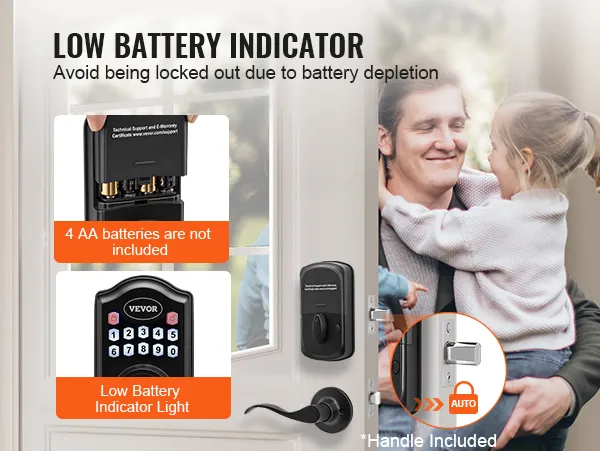 VEVOR keyless entry door lock with low battery indicator, auto lock feature, and handle included.