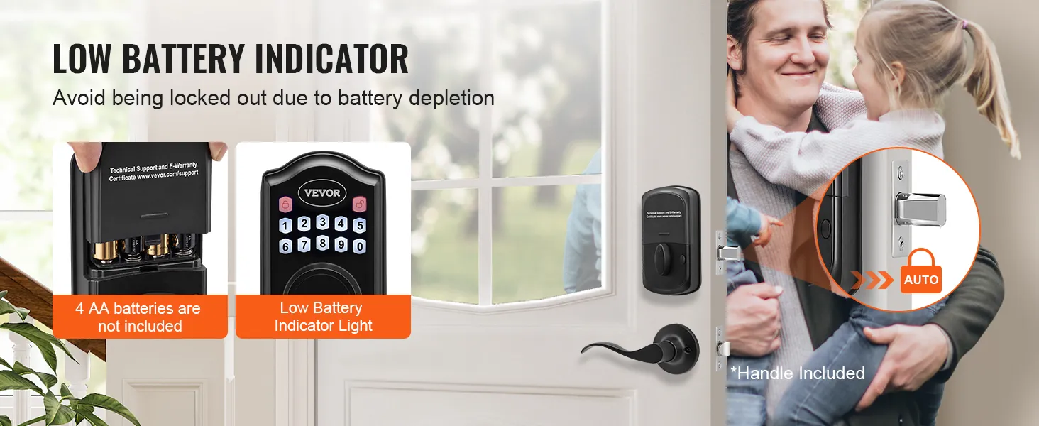 VEVOR keyless entry door lock with low battery indicator, auto lock feature, and handle included.