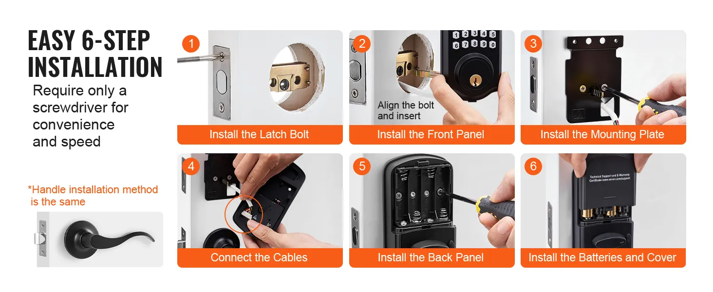 easy 6-step installation of the VEVOR keyless entry door lock using only a screwdriver for convenience.