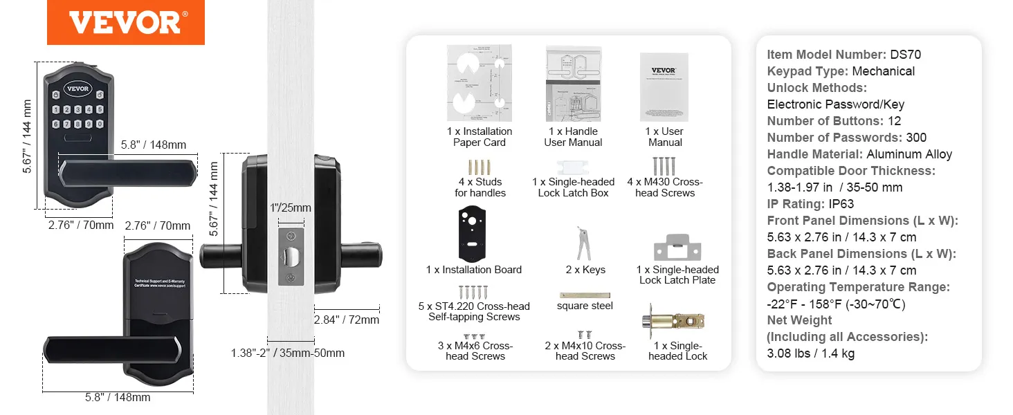 Cerradura de puerta de entrada sin llave VEVOR con dimensiones, lista de piezas y especificaciones, mostradas en detalle.