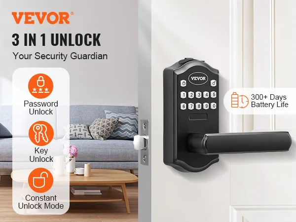 Cerradura de puerta de entrada sin llave VEVOR con teclado en puerta blanca, fondo de sala de estar moderno, 300 códigos de usuario.