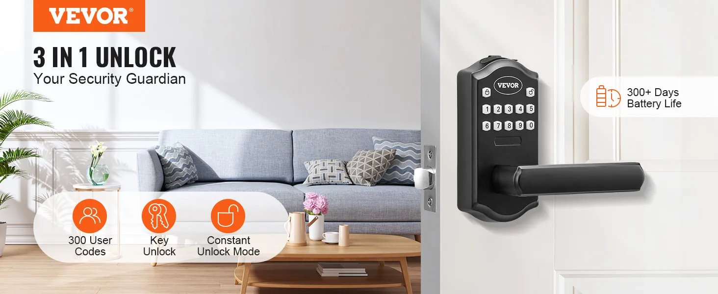 Cerradura de puerta de entrada sin llave VEVOR con teclado en puerta blanca, fondo de sala de estar moderno, 300 códigos de usuario.