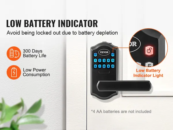 Cerradura de puerta de entrada sin llave VEVOR con indicador de batería baja, duración de batería de 300 días y bajo consumo de energía.