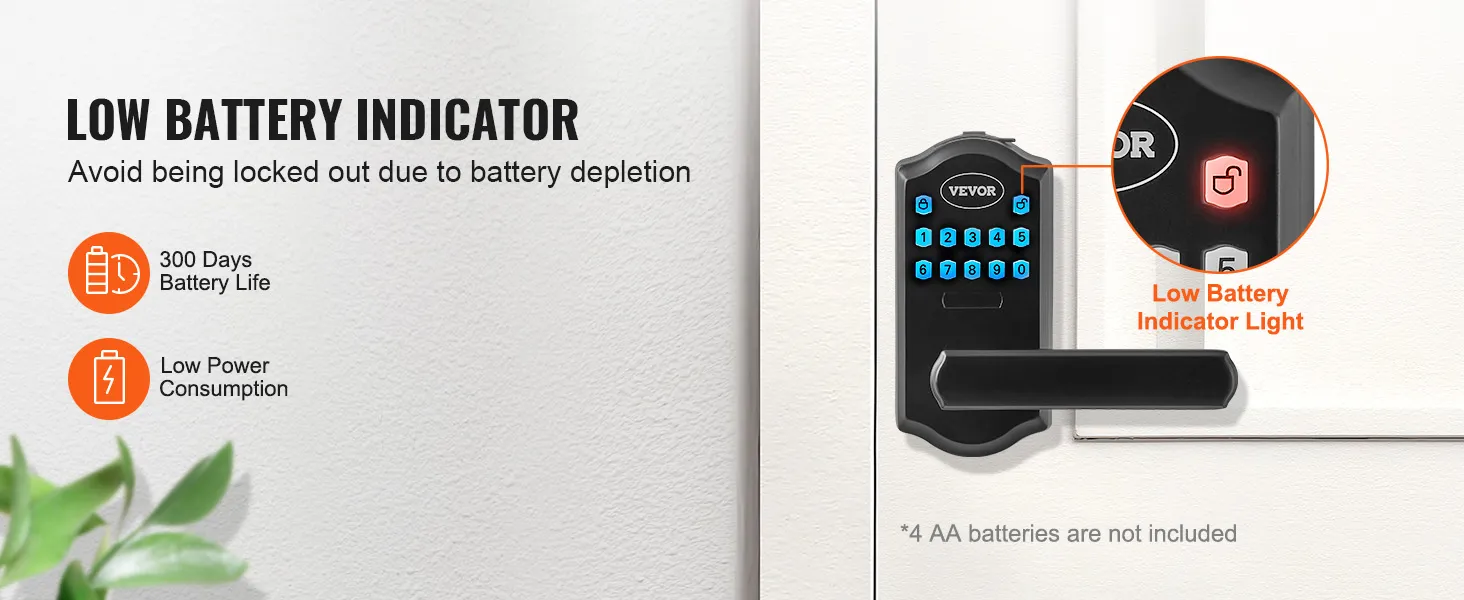 Cerradura de puerta de entrada sin llave VEVOR con indicador de batería baja, duración de batería de 300 días y bajo consumo de energía.