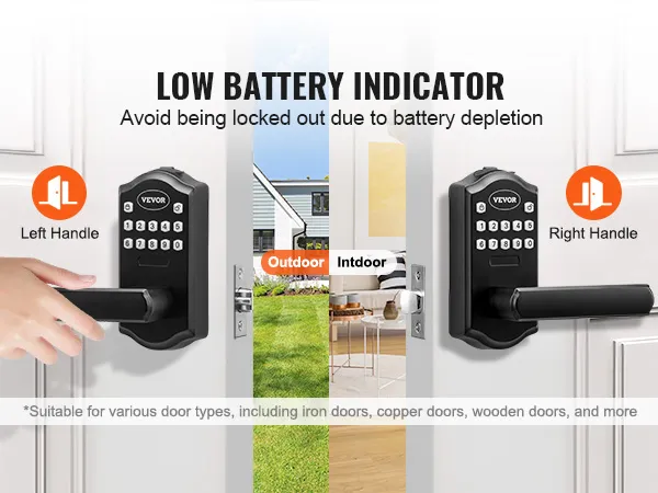 Cerradura de puerta de entrada sin llave VEVOR con indicador de batería baja, opciones de manija izquierda y derecha para uso en interiores y exteriores.