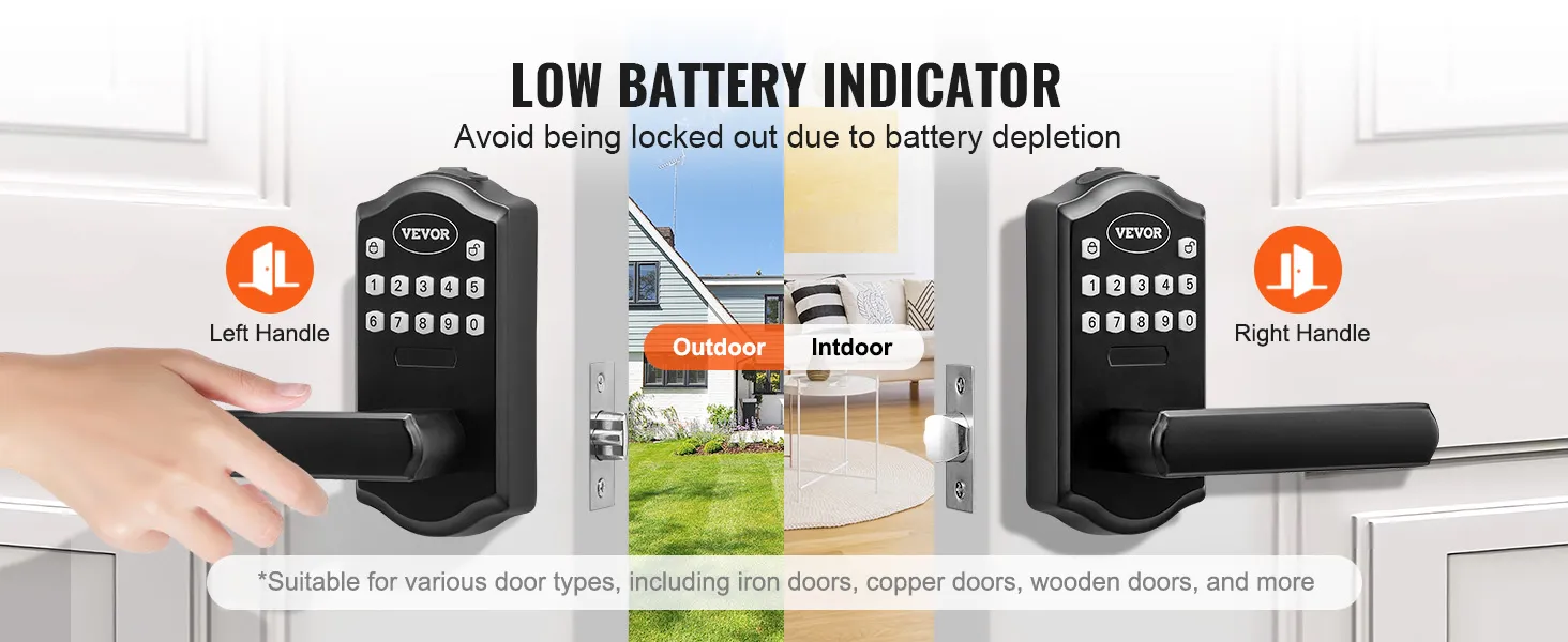 Cerradura de puerta de entrada sin llave VEVOR con indicador de batería baja, opciones de manija izquierda y derecha para uso en interiores y exteriores.