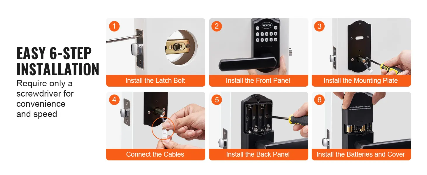 Instalación de cerradura de puerta de entrada sin llave VEVOR en 6 pasos: pestillo, panel frontal, placa de montaje, cables, panel trasero, baterías.