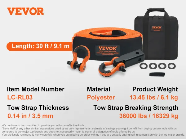 El kit de recuperación de correa de remolque VEVOR incluye una correa de poliéster de 30 pies, anillos en D, ganchos y una bolsa de almacenamiento.