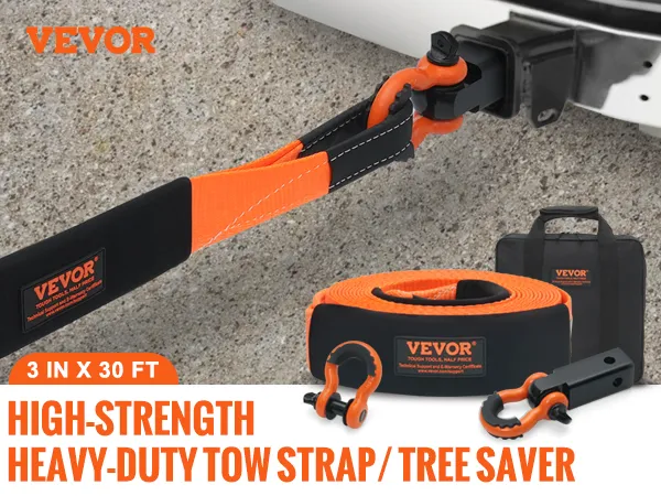 Kit de recuperación de correa de remolque VEVOR: correa de alta resistencia de 3 pulgadas x 30 pies, capacidad de 36000 libras, con accesorios.