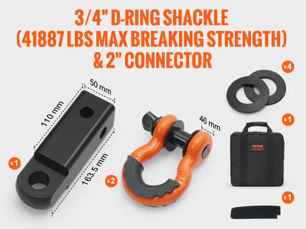 El kit de recuperación de correa de remolque VEVOR incluye 2 grilletes de anillo en D, conector de 2", arandelas y bolsa de almacenamiento.