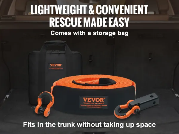 Kit de recuperación de correa de remolque VEVOR en el maletero de un automóvil, que muestra resistencia al frío, al agua y a los rayos UV con bolsa de almacenamiento.