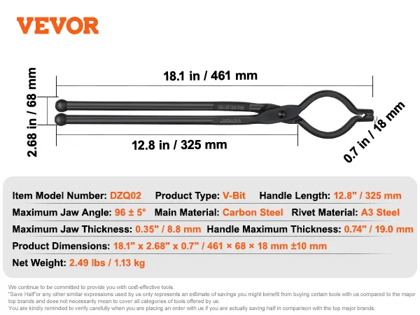 Afmetingen en specificaties van VEVOR-smeedtangen, inclusief afmetingen van handvat en bek.