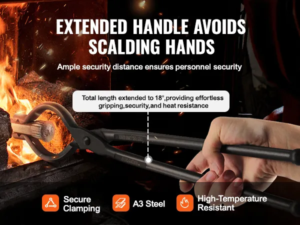 VEVOR smidstang met verlengd handvat in gebruik, toont a3-staal, veilige klemming, hittebestendig.