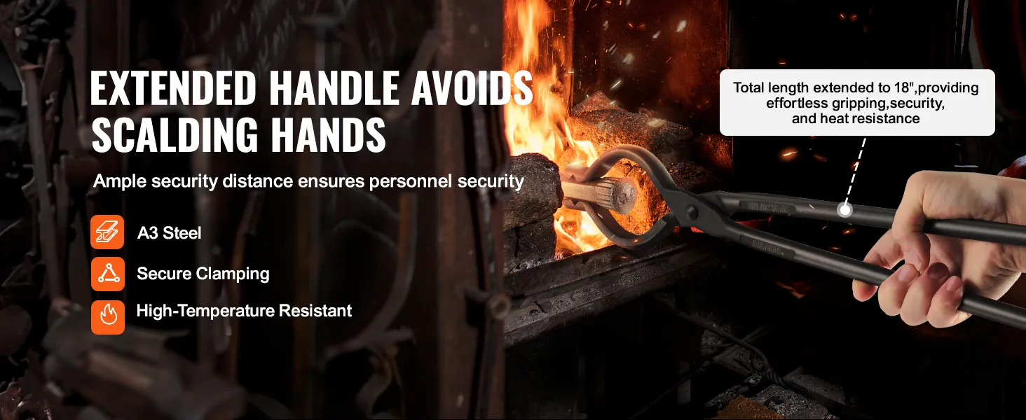 VEVOR smidstang met verlengd handvat in gebruik, toont a3-staal, veilige klemming, hittebestendig.