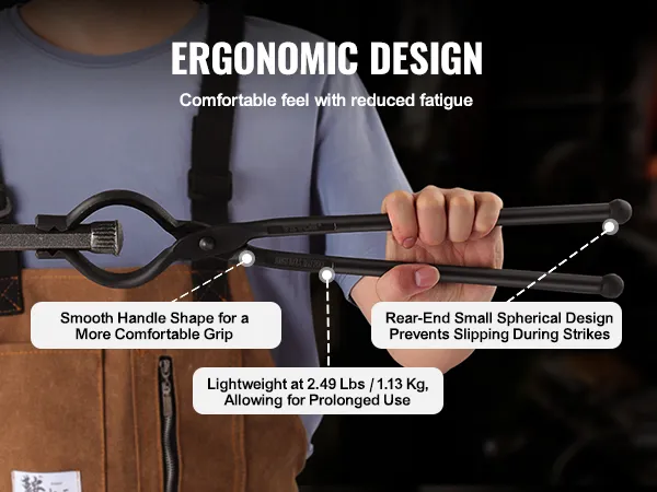 persoon die de VEVOR-smeedtang vasthoudt met ergonomisch ontwerp, soepele handgreep en lichtgewicht kenmerken.