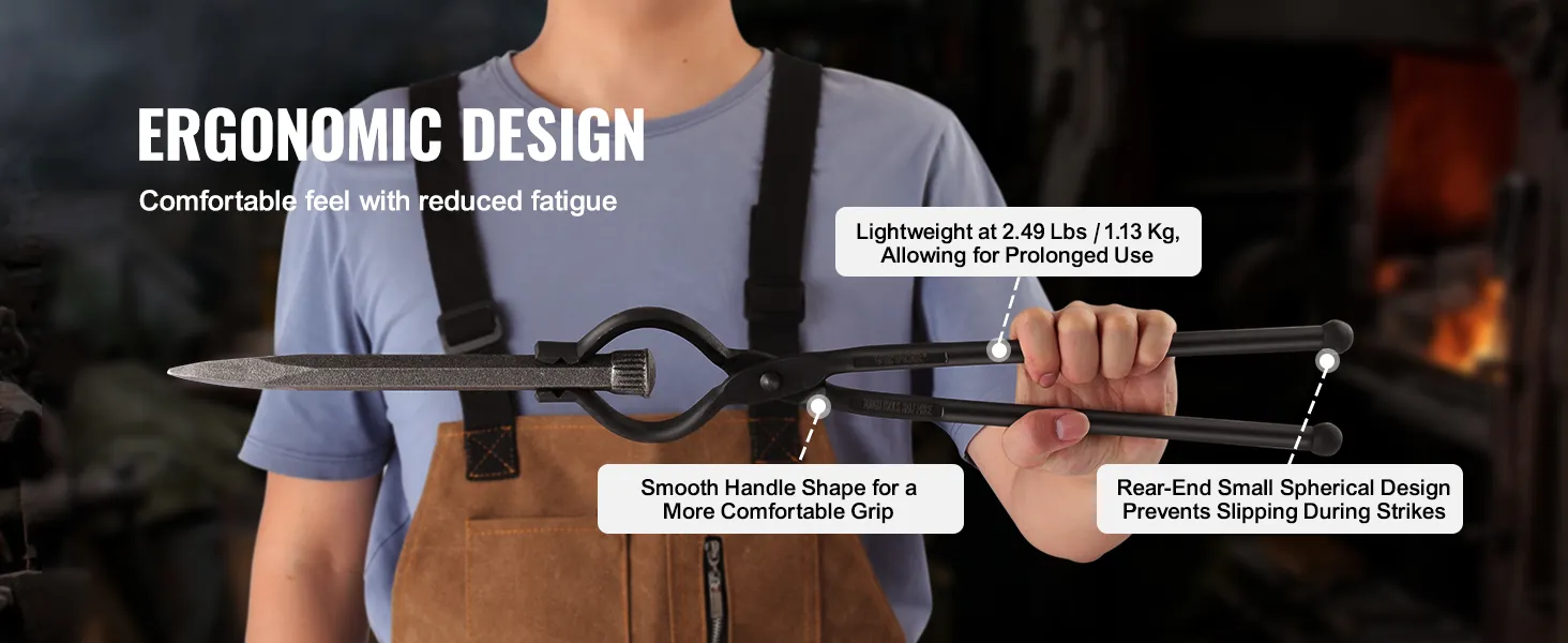 persoon die de VEVOR-smeedtang vasthoudt met ergonomisch ontwerp, soepele handgreep en lichtgewicht kenmerken.
