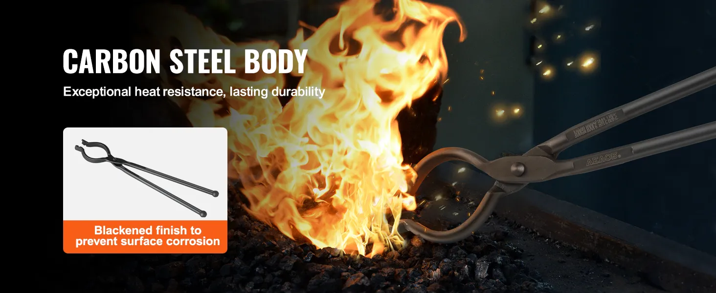 VEVOR-smeedtang met zwartgeblakerde afwerking, verkregen door verhitting op hoge temperatuur, toont duurzaamheid.