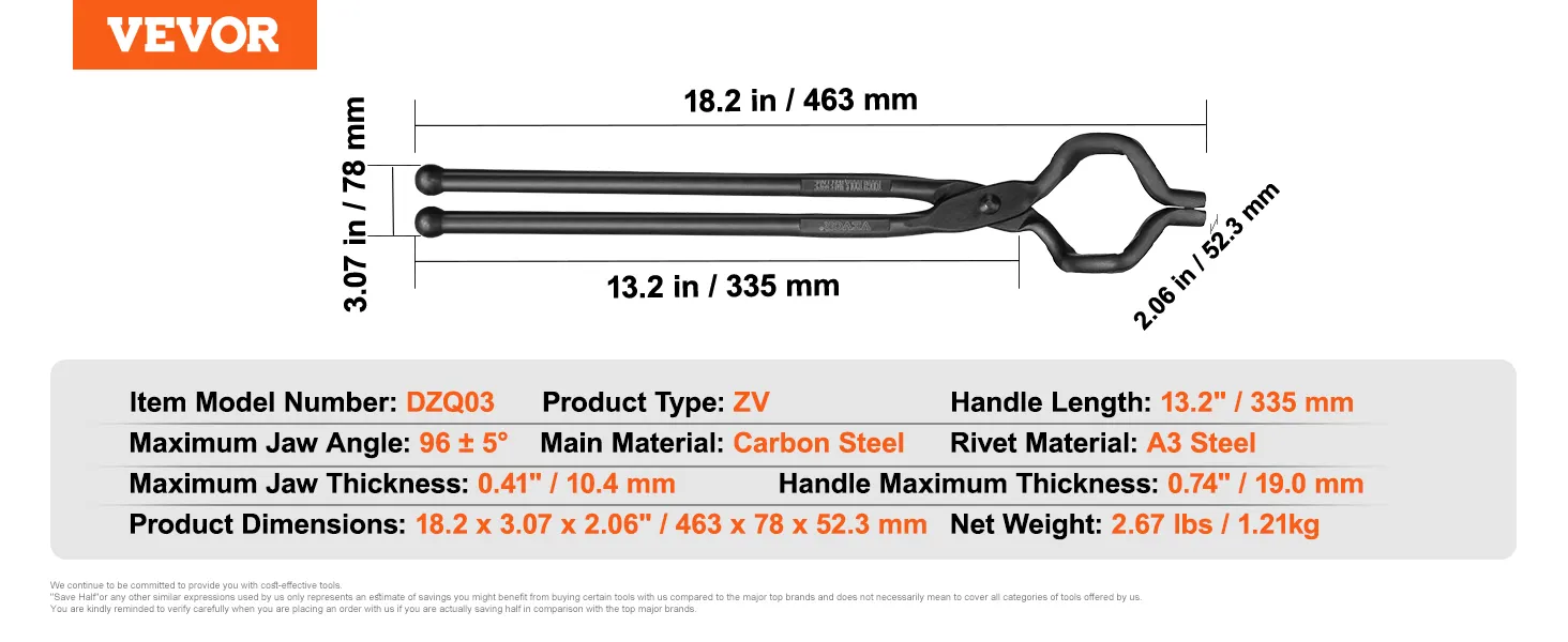 VEVOR blacksmith tongs dimensions: 18.2 x 3.07 inches. carbon steel, handle length: 13.2 inches.