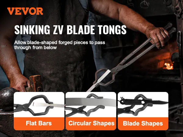 VEVOR blacksmith tongs demonstrating usage with flat bars, circular shapes, and blade shapes at a forge.